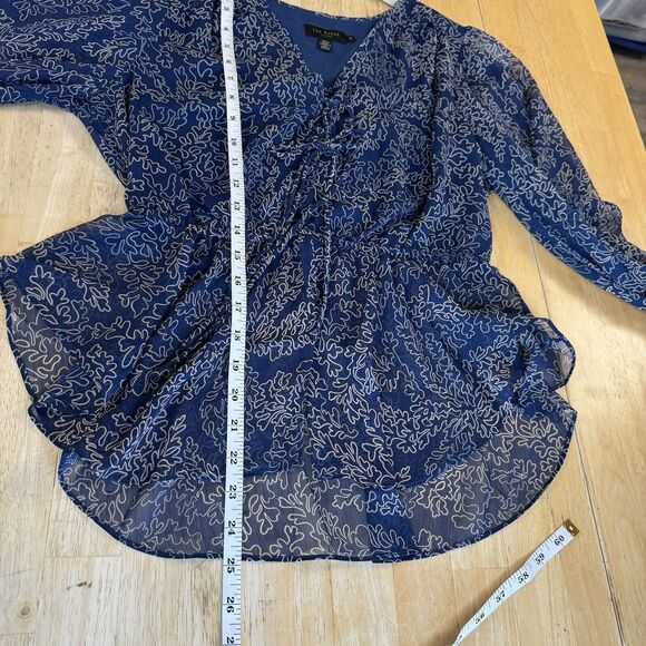 Ted Baker Mildred Blouse Balloon Sleeve Navy Beige Peasant Sheer Top Size 2 US 6 - Picture 13 of 14